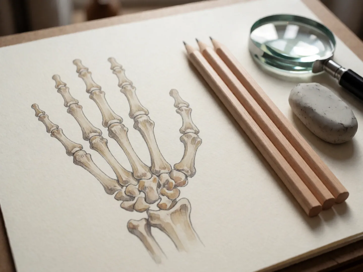A fine pencil and watercolour study of the bones of a human hand on paper, with drawing pencils and a magnifying glass