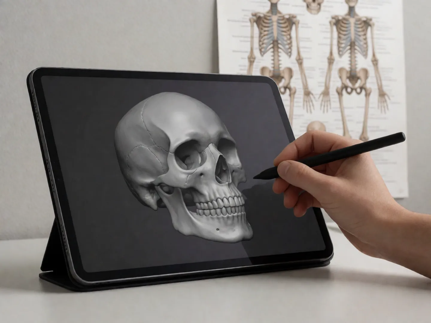 An illustrator's desk with a graphics tablet showing a 3D model of a skull, a stylus and a printed anatomical chart pinned behind