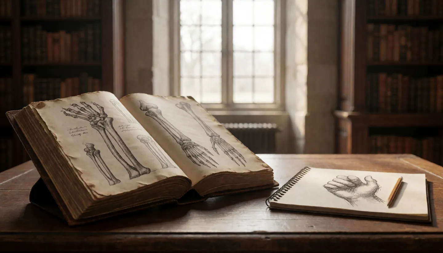 An old leather-bound anatomy book open on a library table beside a sketchbook with a pencil study of a hand, lit by a tall window